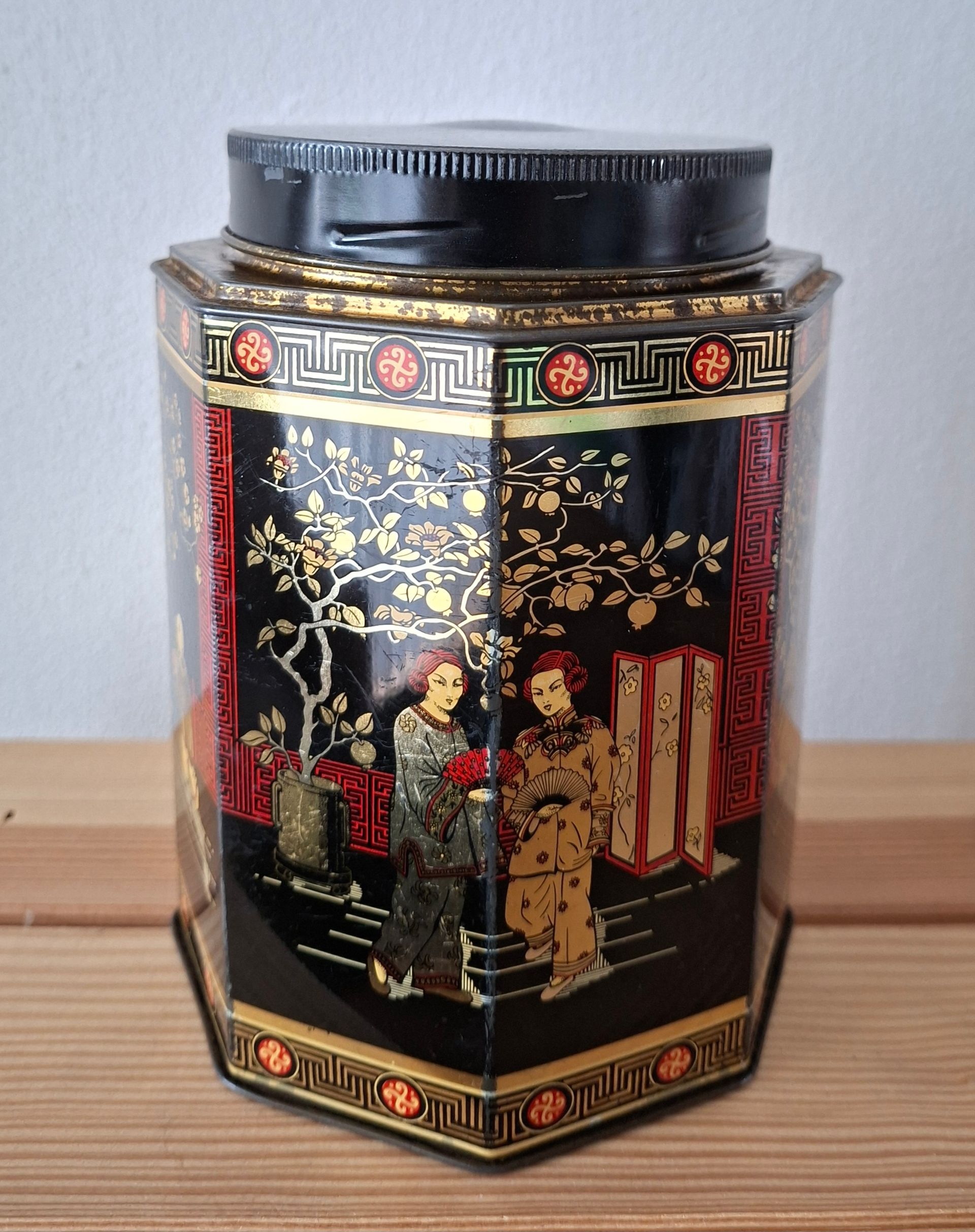 Vintage theeblik met Japans motief - achthoekig model