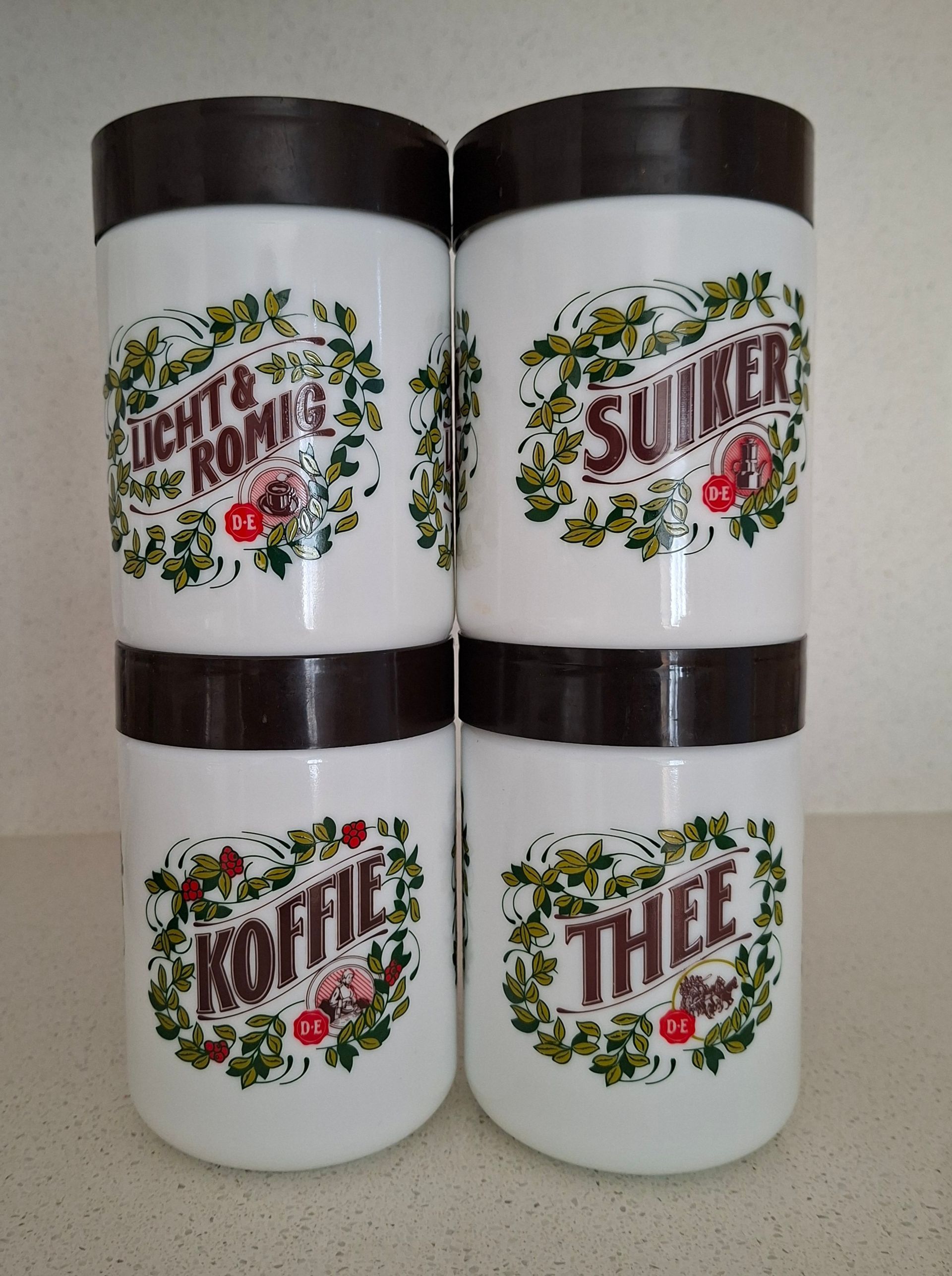 Vintage Douwe Egberts stapelbare voorraadpotten: koffie, thee, suiker en melkpoeder - complete set