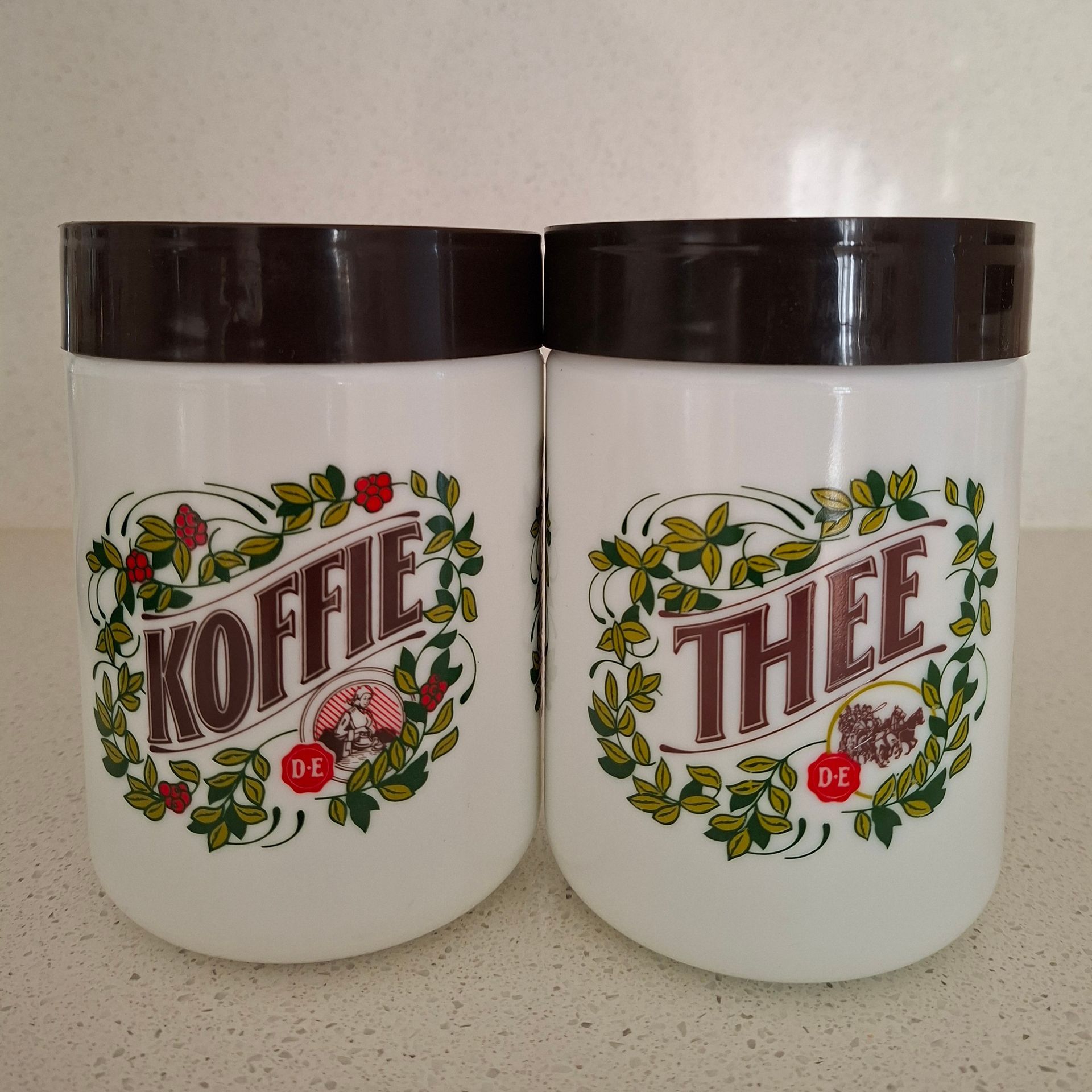 Vintage Douwe Egberts stapelbare voorraadpotten: koffie, thee, suiker en melkpoeder - complete set