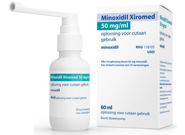 Minoxidil Xiromed flacon. Inhoud: 60 ml. Oplossing voor uitwendig gebruik, 50 mg/ml. Haaruitval alopecia androgenetica.