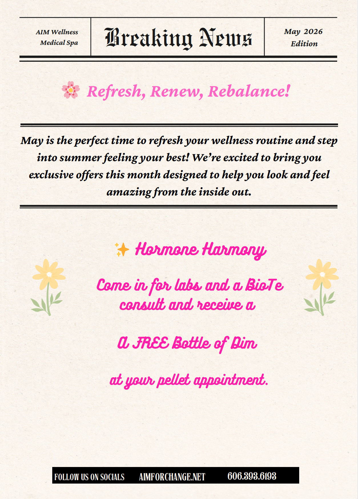 Flyer with “Refresh, Renew, Rebalance” and meditation/yoga details in pink and black text on a beige background