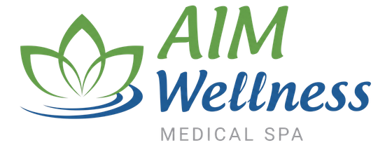 AIM Wellness Medical Spa logo with green leaf icon and blue-green text on a white background