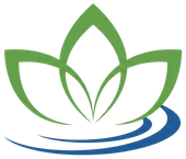 Green lotus logo with blue curved waves underneath