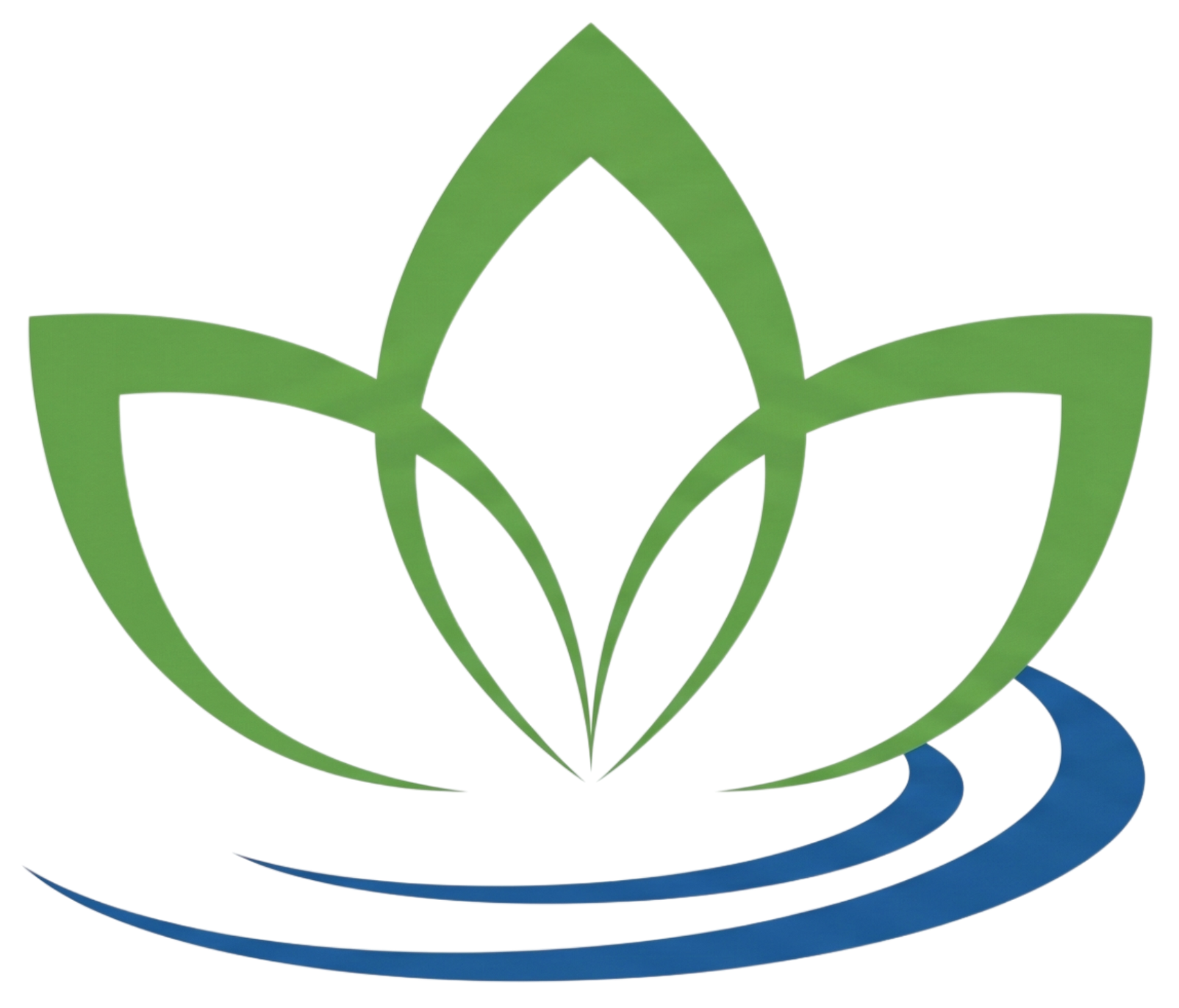 Green lotus logo with blue curved waves underneath