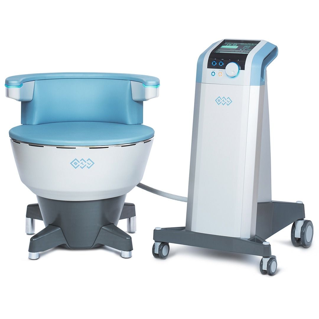 Blue-and-white medical devices on wheels, including a chair-like unit and a tall control tower