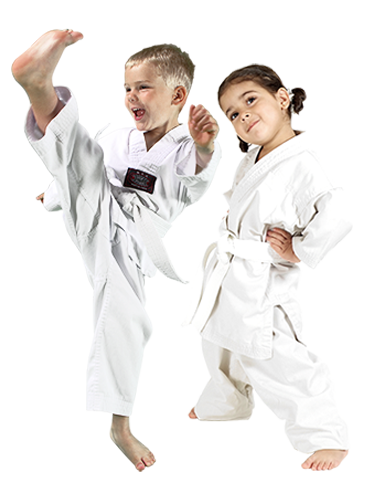 Two children in white karate uniforms: boy kicking, girl in a stance.
