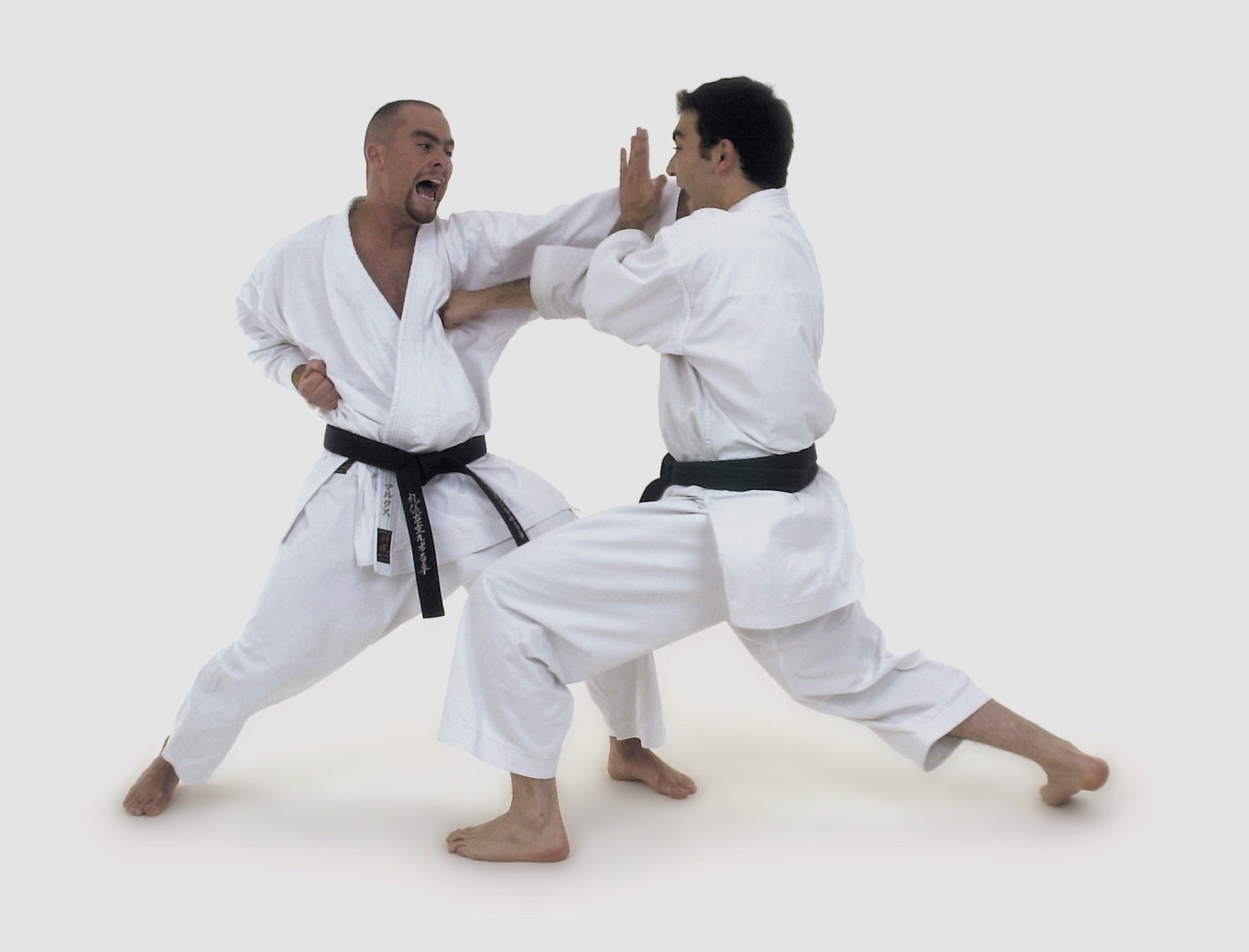 Two people in karate uniforms practicing a block and punch. White uniforms, black belts, light background.