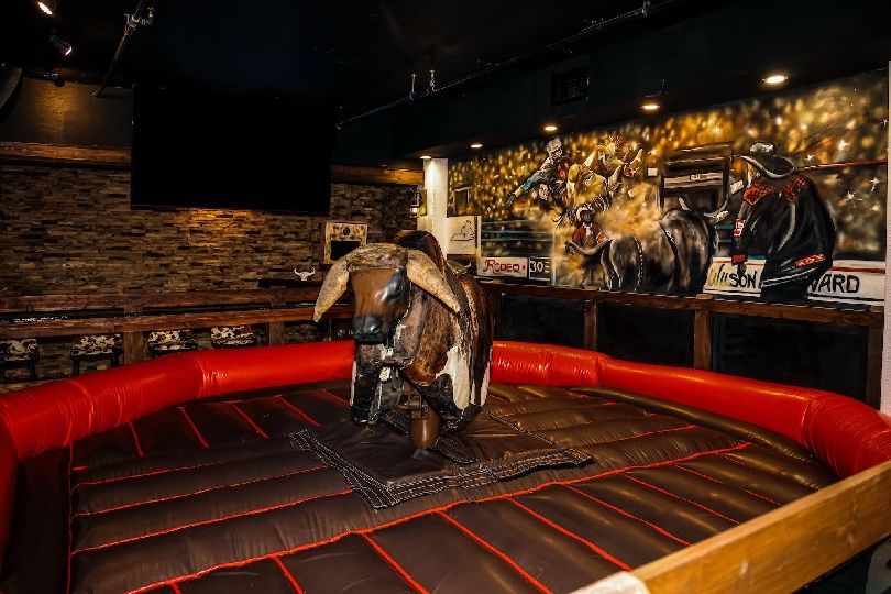 Mechanical bull in a Arlington VA bar surrounded by a red inflatable safety ring.