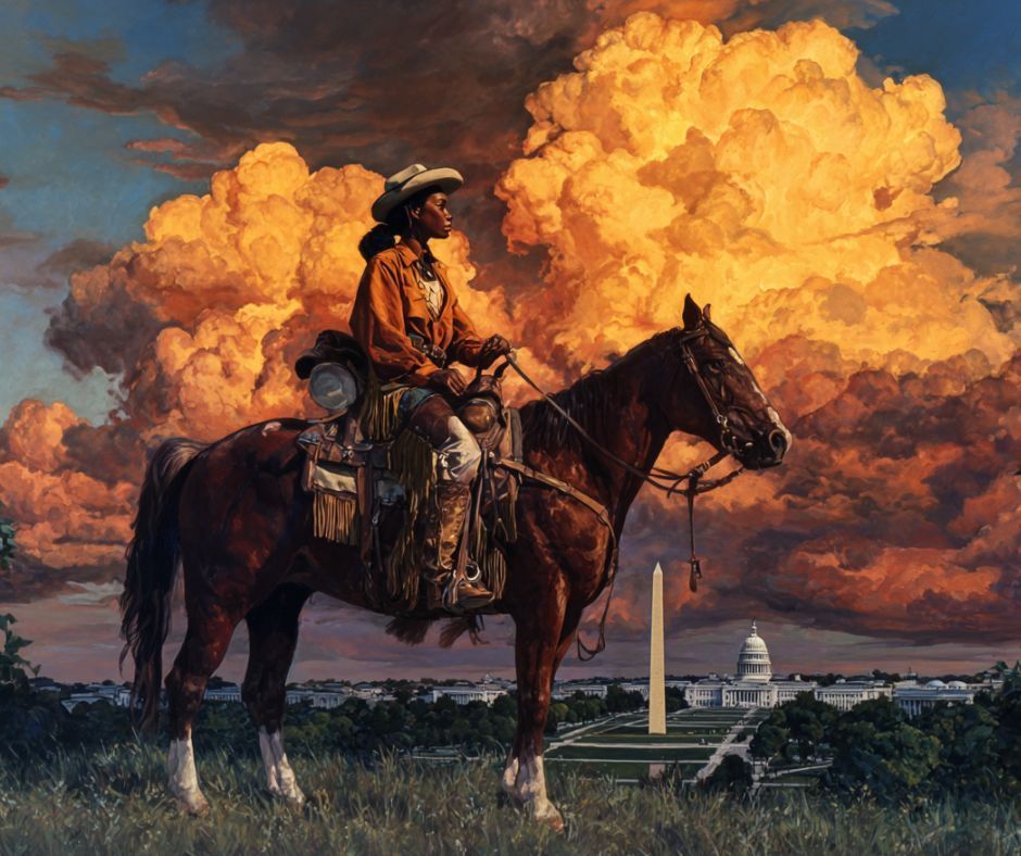 A person on horseback, gazing at the Washington Monument and Capitol Building, with a fiery sky in the background.