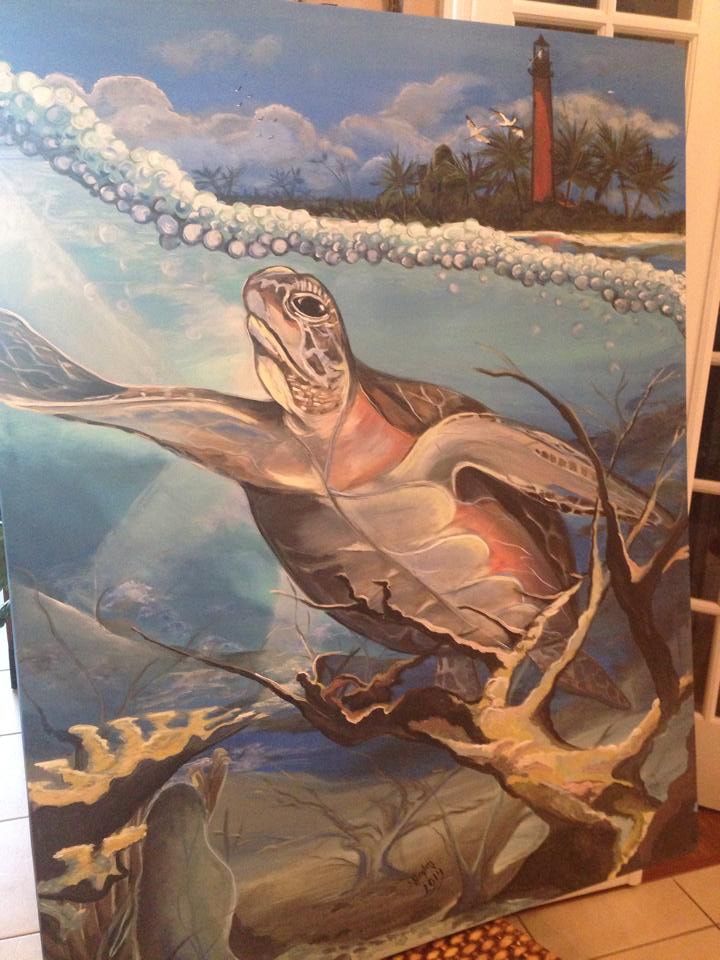 Sea turtle mural in blue water, with coral, fish, and a red lighthouse in the background.