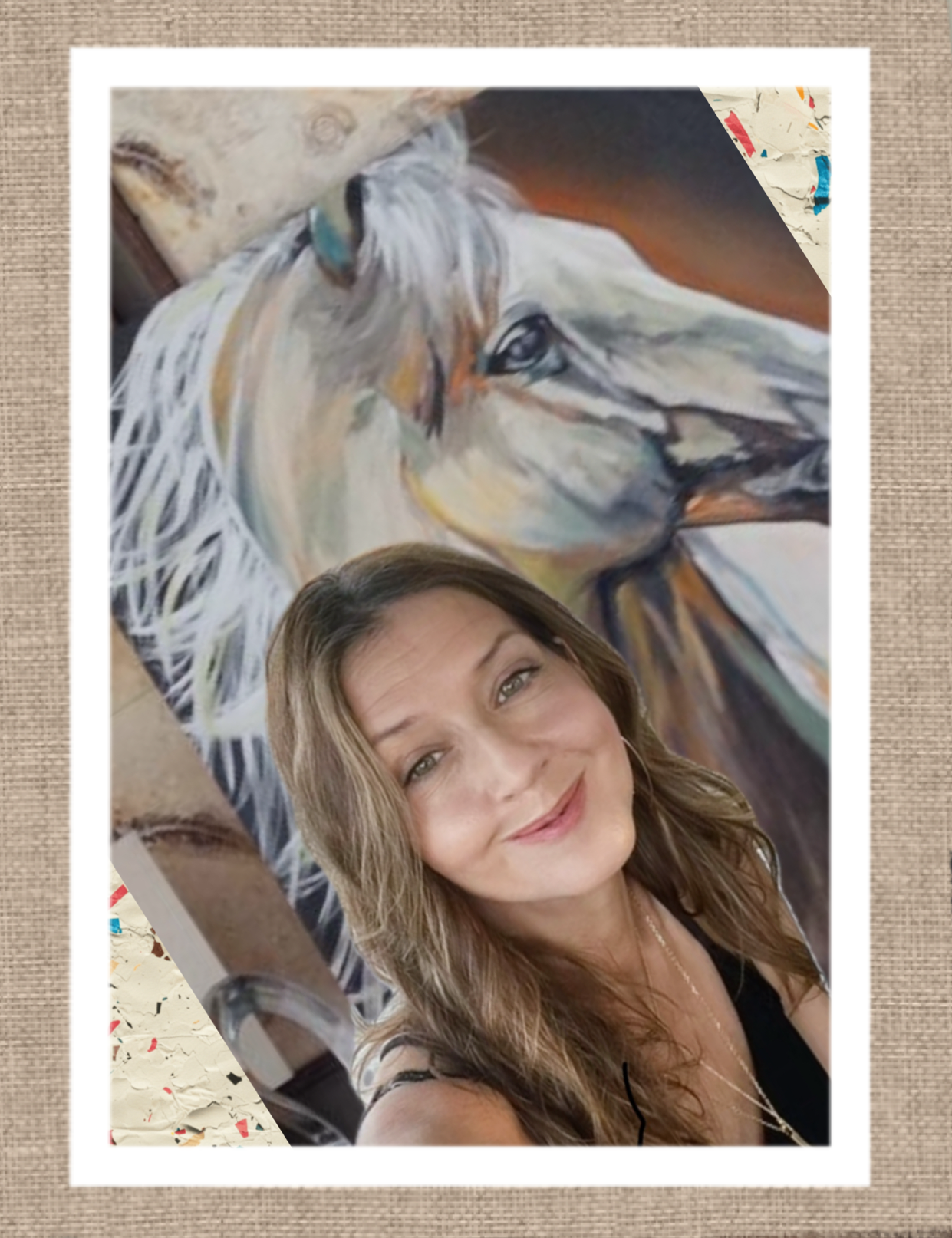 Selfie in front of a horse painting, with a smiling woman in a white-framed photo.