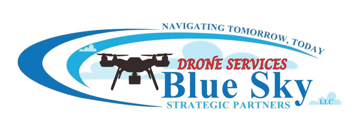 Blue Sky Drone Services logo with blue drone icon and slogan “Navigating Tomorrow, Today”