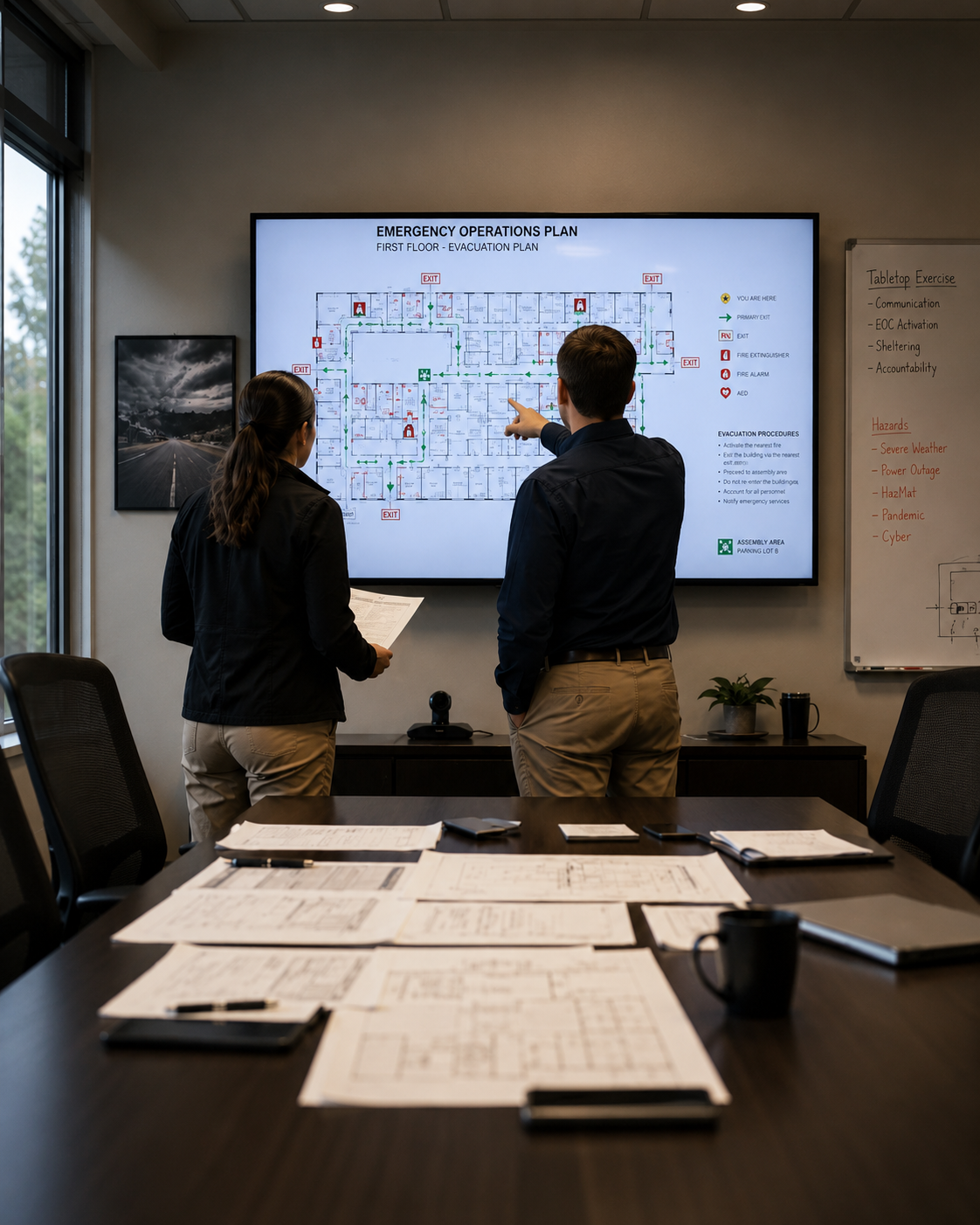 Two people studying a strategy map on a wall screen in a conference room