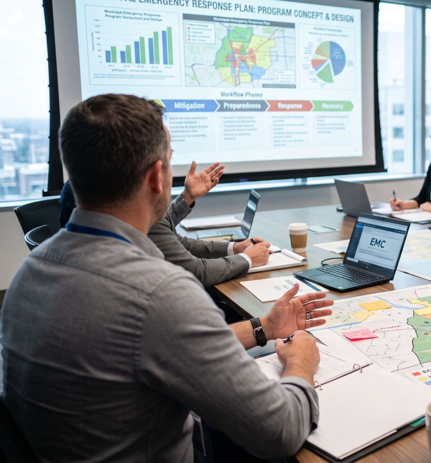 Team meeting in a conference room, with people viewing charts and a map on a presentation screen.