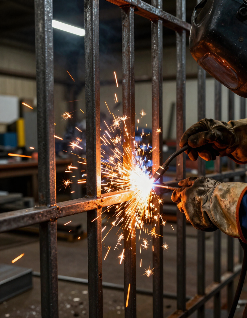 Person welding metal bars, sending bright sparks in a workshop.