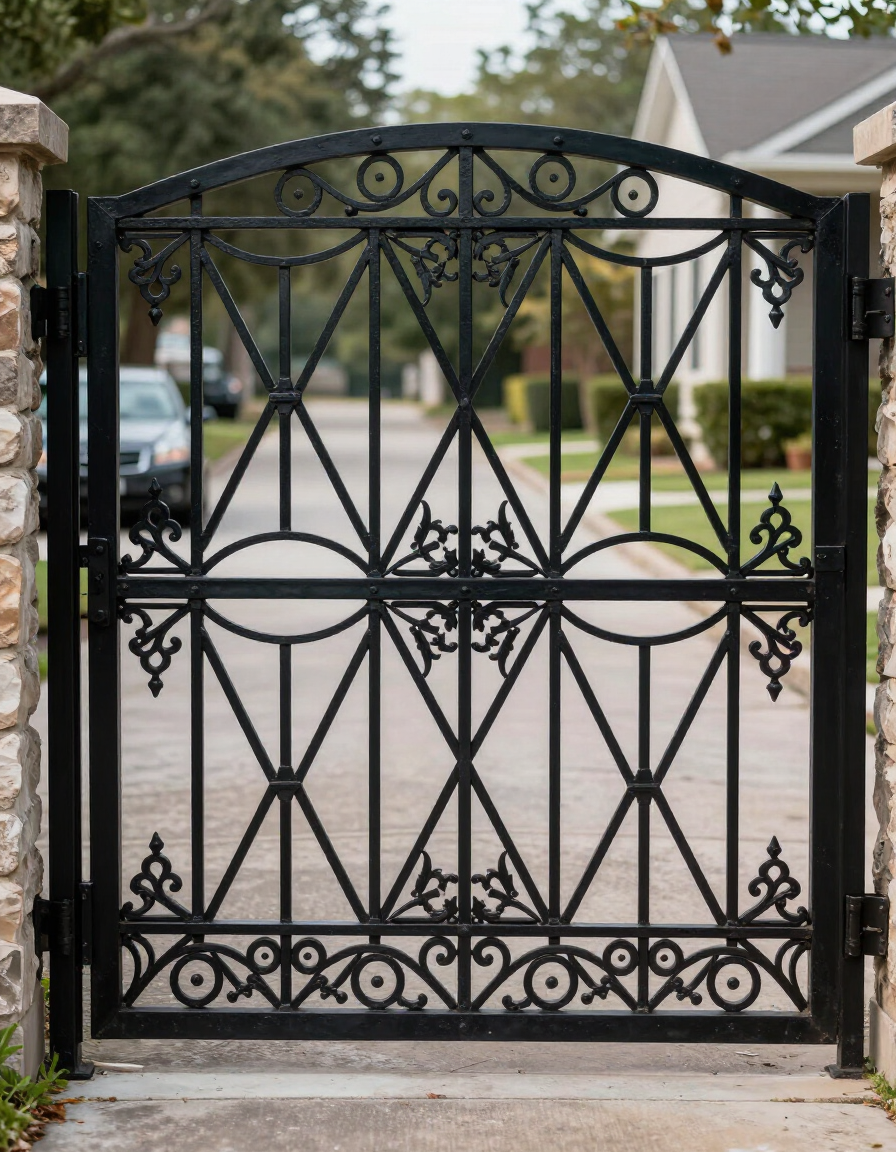 Black wrought-iron garden gate with ornate scrollwork, closed between stone pillars on a suburban driveway.