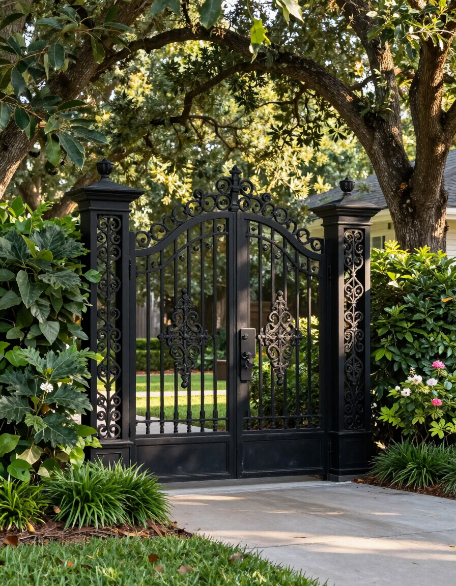 Black wrought-iron garden gate with stone pillars, framed by lush green trees and shrubs.