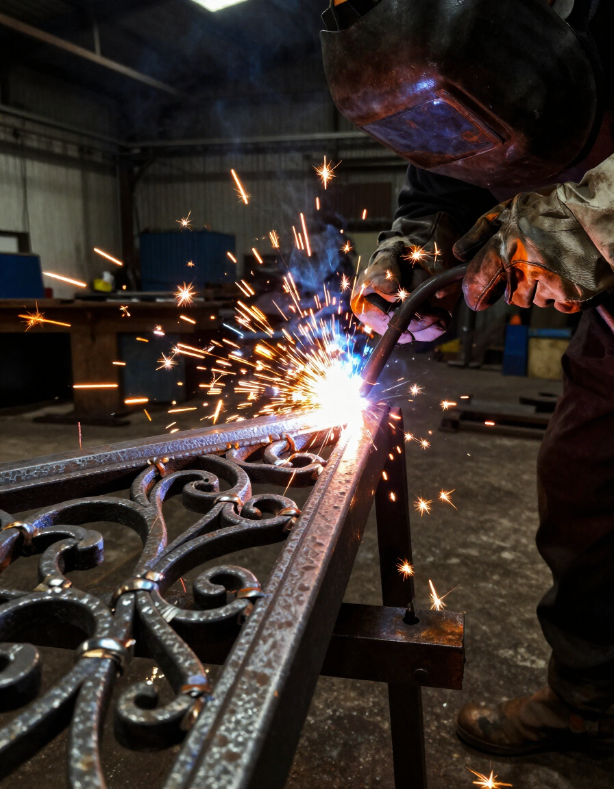 Welder cutting metal, bright sparks flying in a workshop beside an ornate iron panel