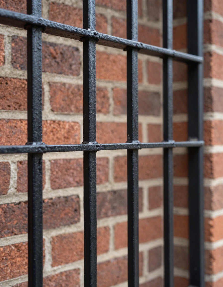 Black metal bars in front of a red brick wall.