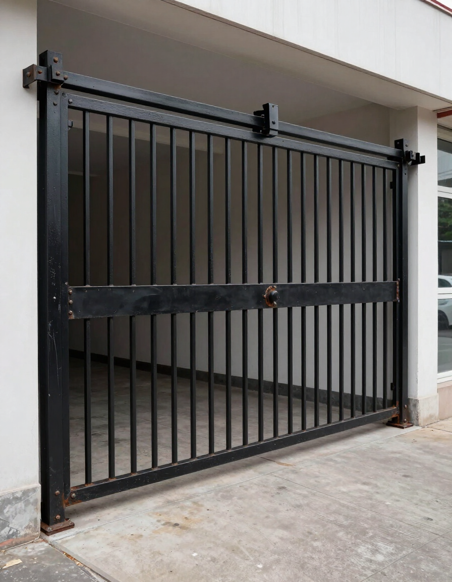 Black metal sliding gate with vertical bars beside a concrete driveway under a covered building entrance