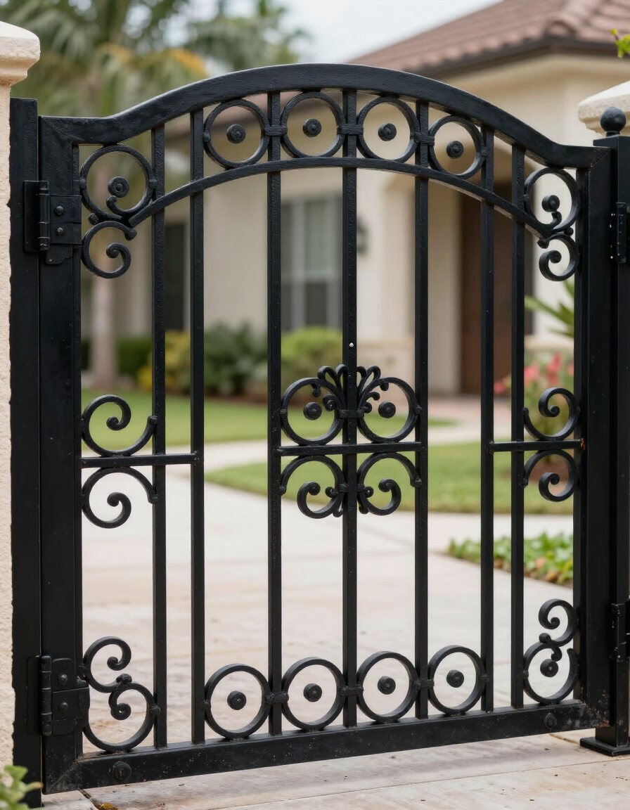 Black wrought-iron decorative gate in front of a house driveway