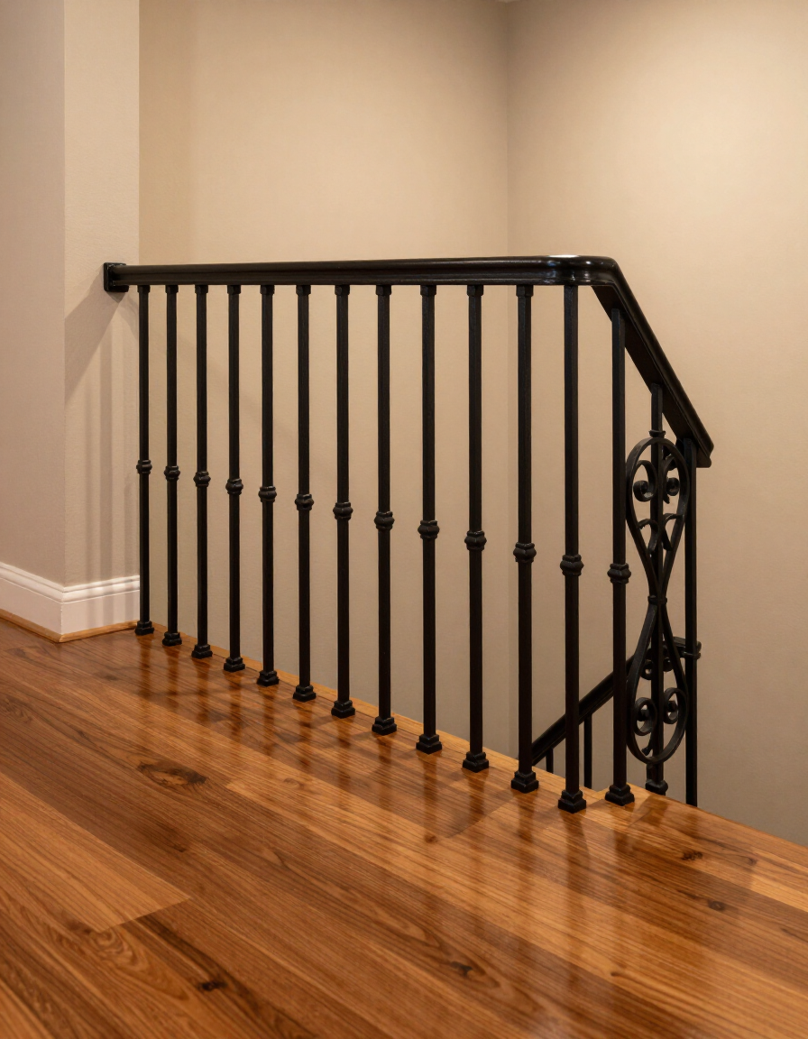 Black metal stair railing along a polished hardwood landing in a beige hallway.