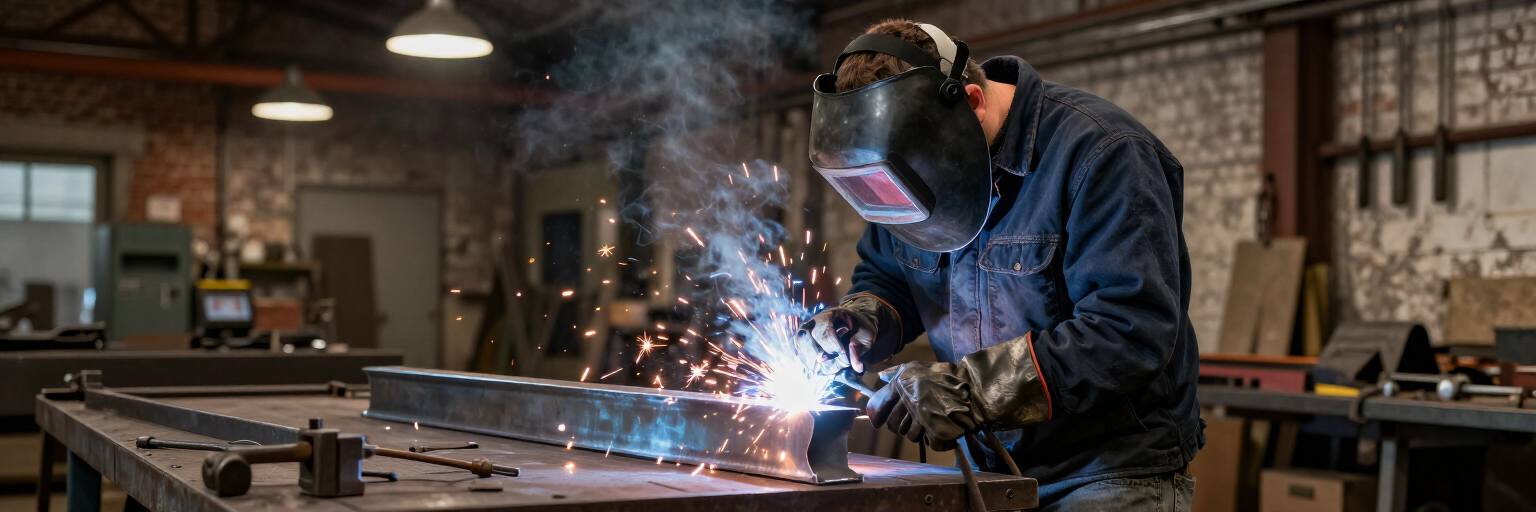 Welder in a workshop sparks metal fabrication with bright orange sparks and protective mask