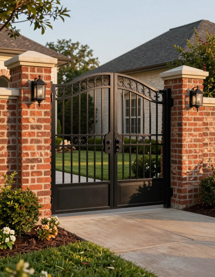 Black wrought-iron gate between red brick pillars at a landscaped residential driveway