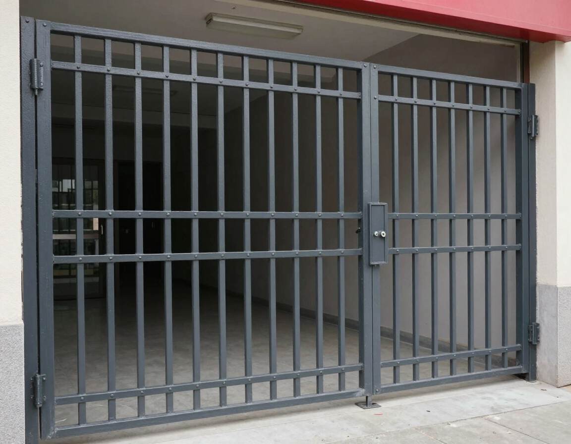 Gray metal security gate at a building entrance with vertical bars and a central lock.
