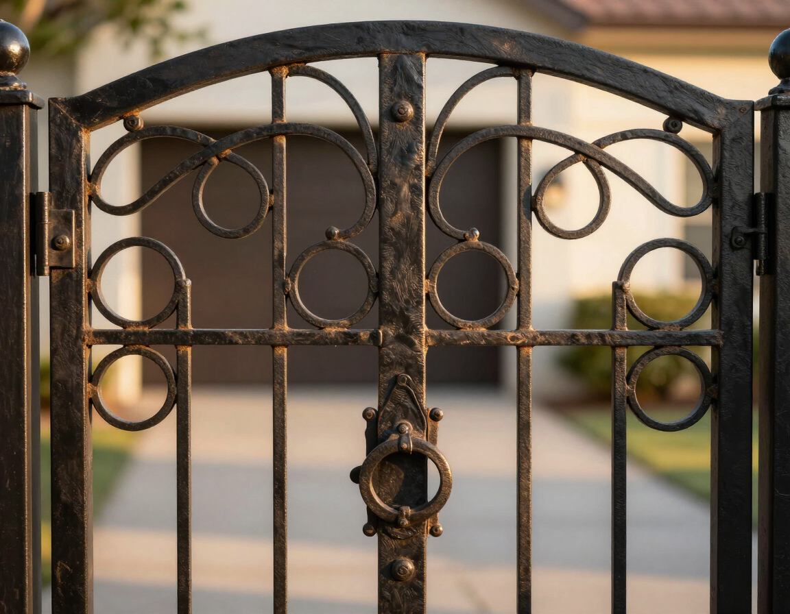 Ornate black metal gate with circular patterns, closed in front of a blurred outdoor background
