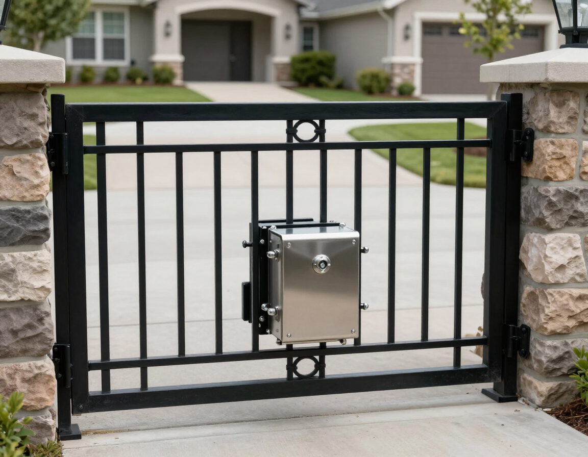 Black metal driveway gate with a stainless steel lockbox between stone pillars.