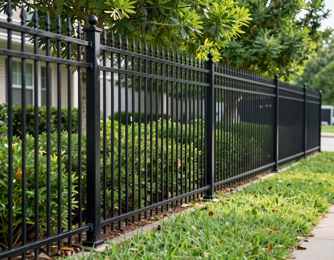Black metal fence along a sidewalk with green hedges and trees behind it