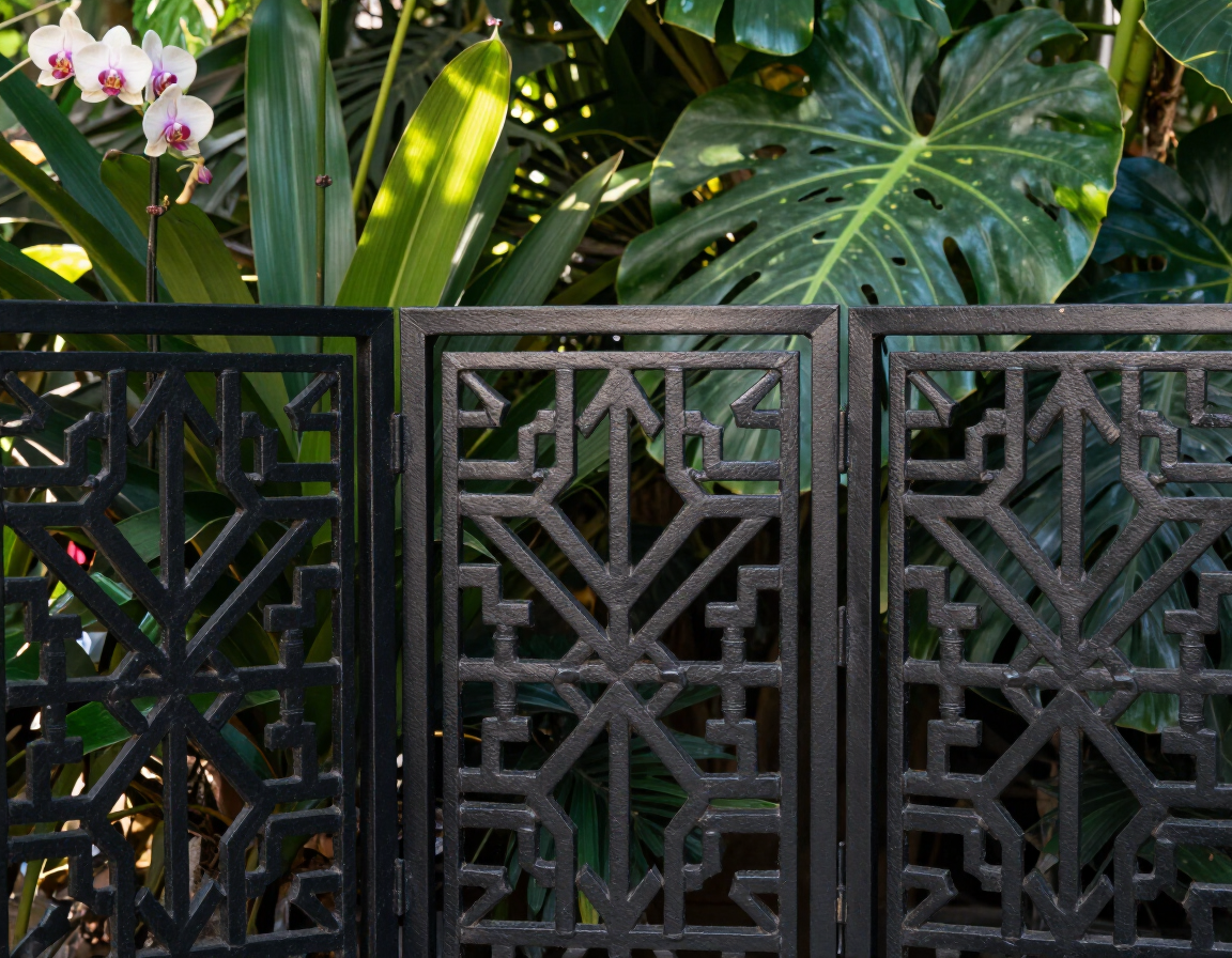 Black geometric metal fence with lush tropical green plants behind it.