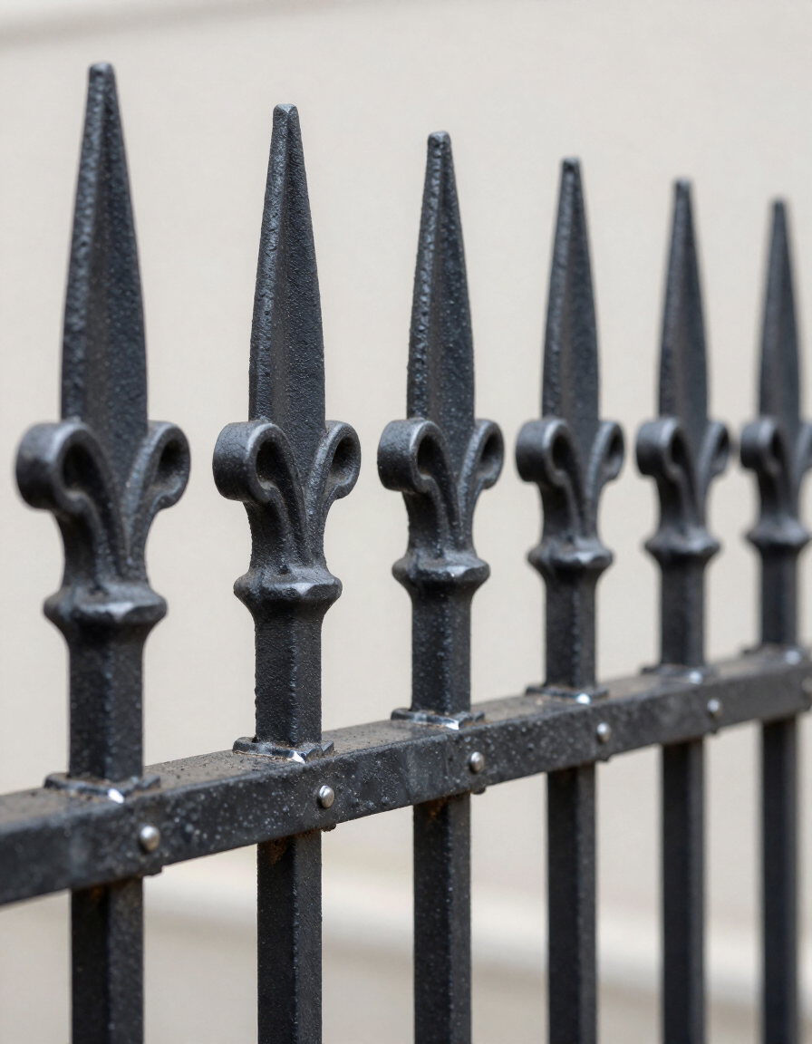 Black wrought-iron fence with pointed spear tops against a blurred light background