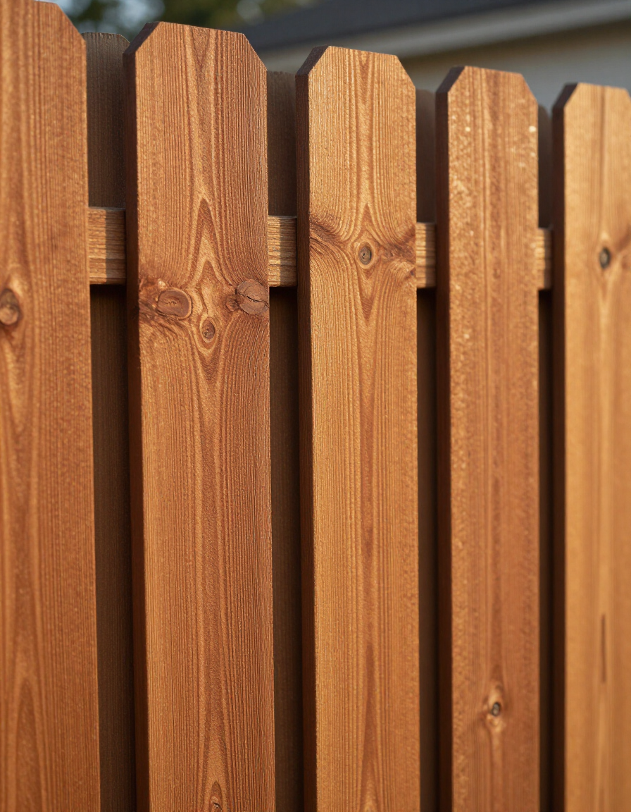 Close-up of a wooden picket fence with warm brown vertical slats and visible grain