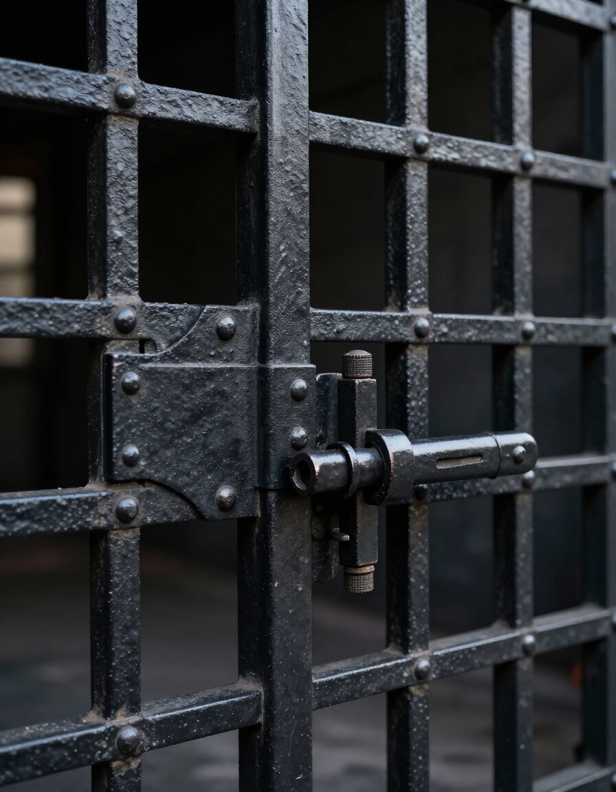 Close-up of a black metal gate with a latch and padlock in a dark doorway