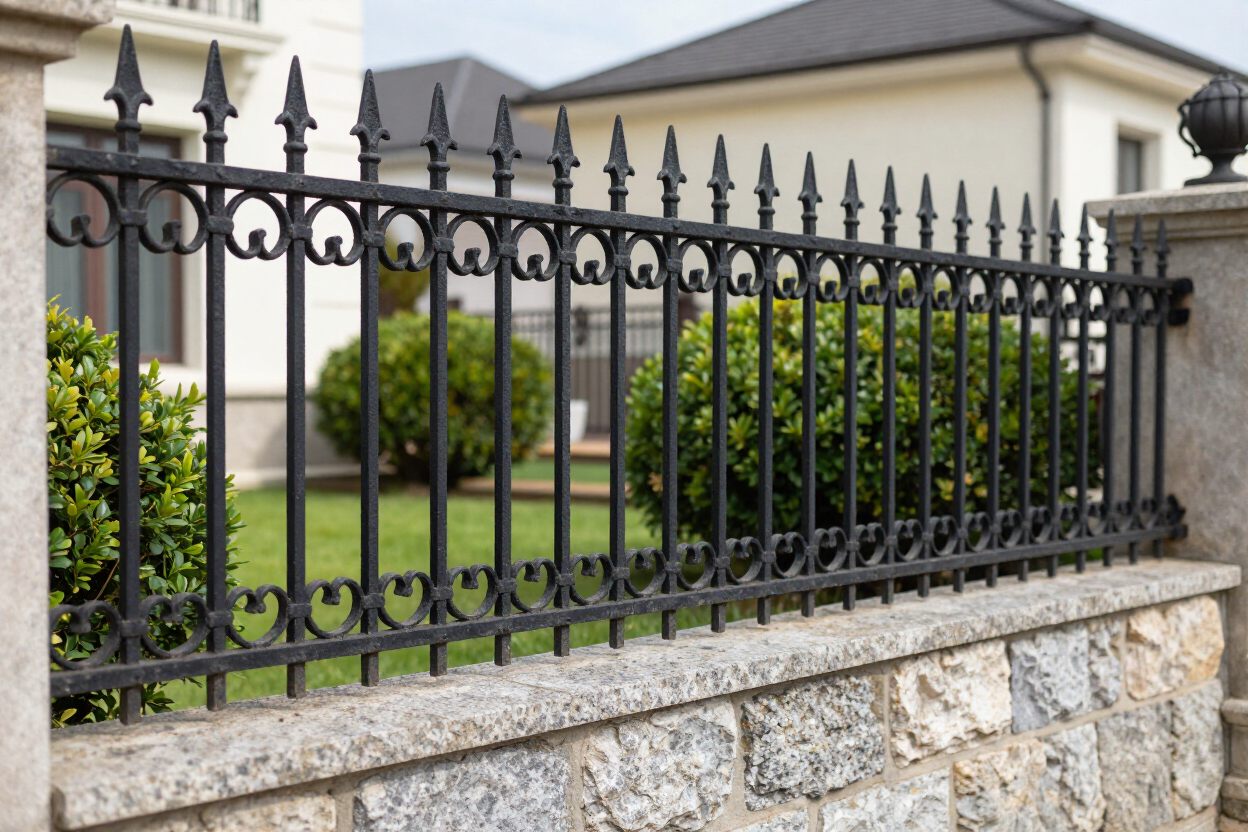 Black wrought-iron fence atop a stone wall in front of a house and garden