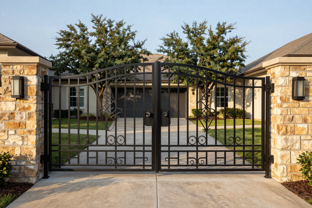 Black metal driveway gate between stone pillars in front of a house