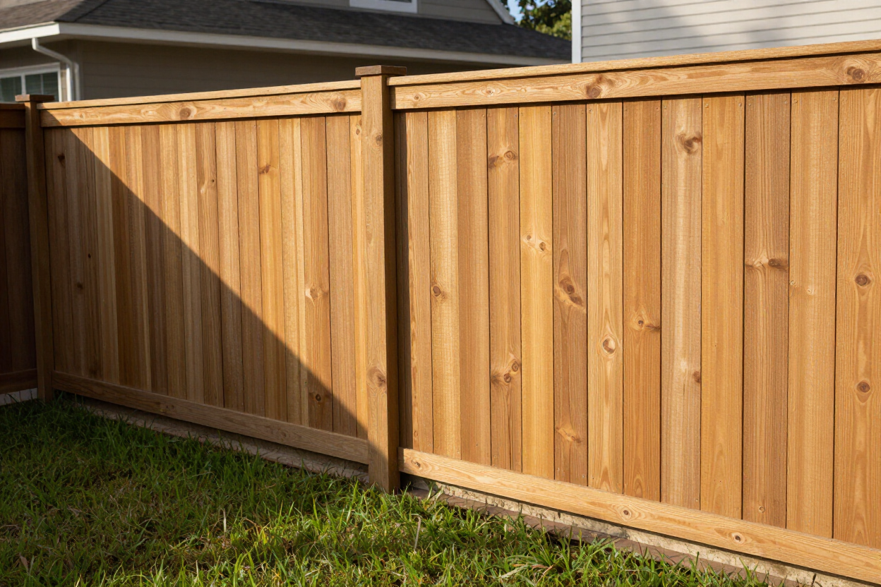Wooden privacy fence with diagonal gate panel beside a grassy yard and house