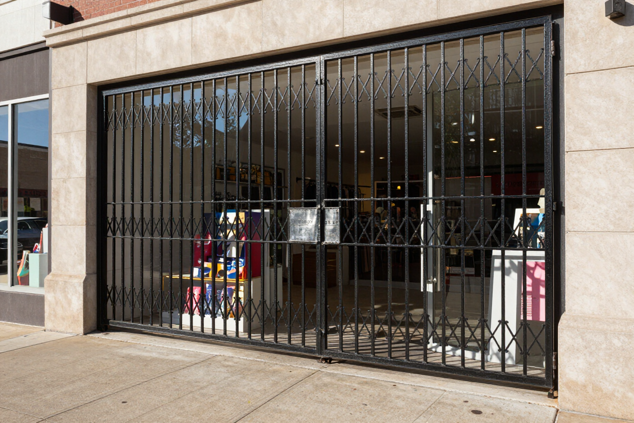 Closed storefront with black metal security gate and merchandise visible inside