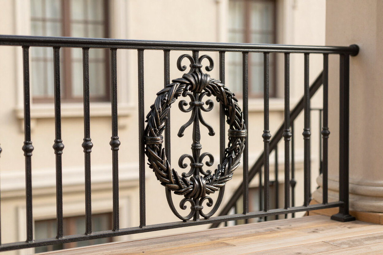 Ornate black wrought-iron balcony railing with decorative oval centerpiece in front of a building