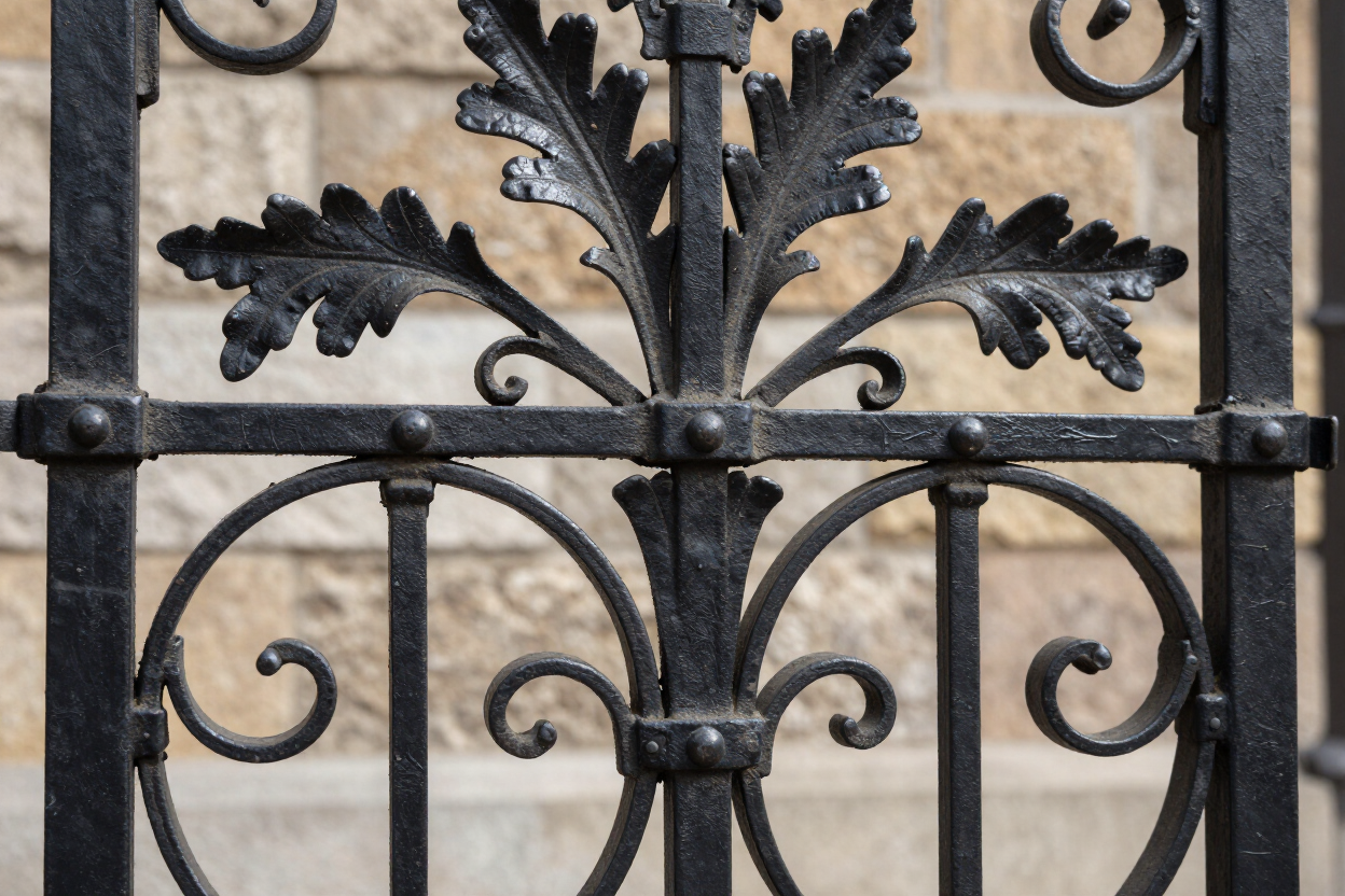 Black wrought-iron decorative gate with scrollwork and leaf designs against a stone wall