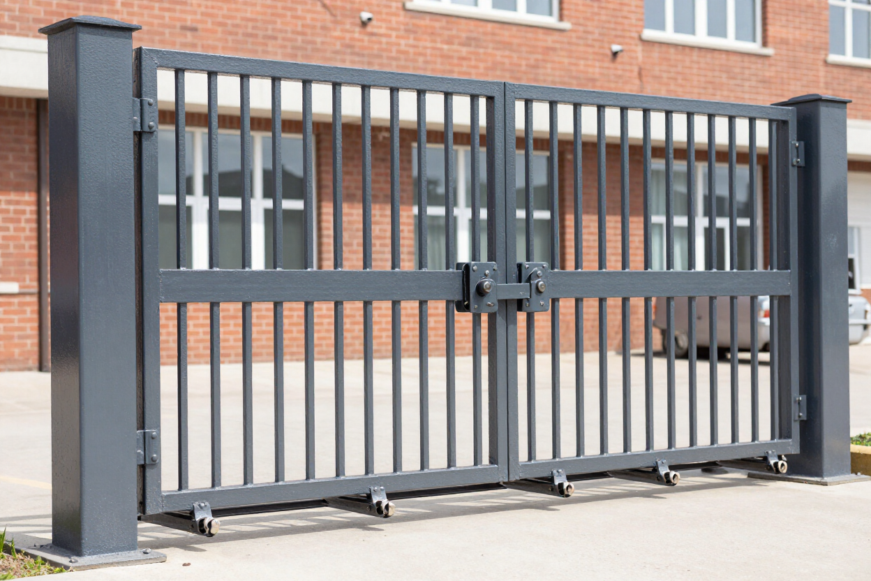 Gray metal security gate with vertical bars in front of a brick building