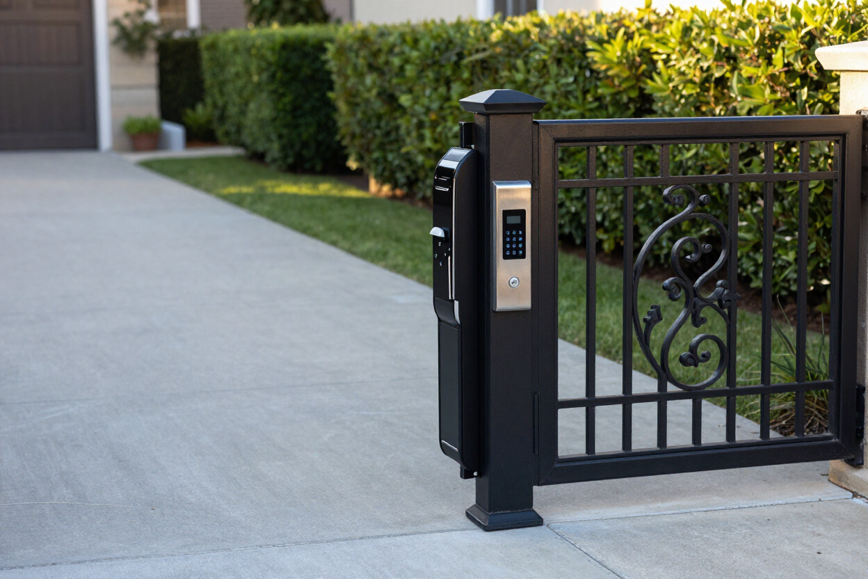 Black metal driveway gate with keypad beside a concrete driveway and trimmed hedges