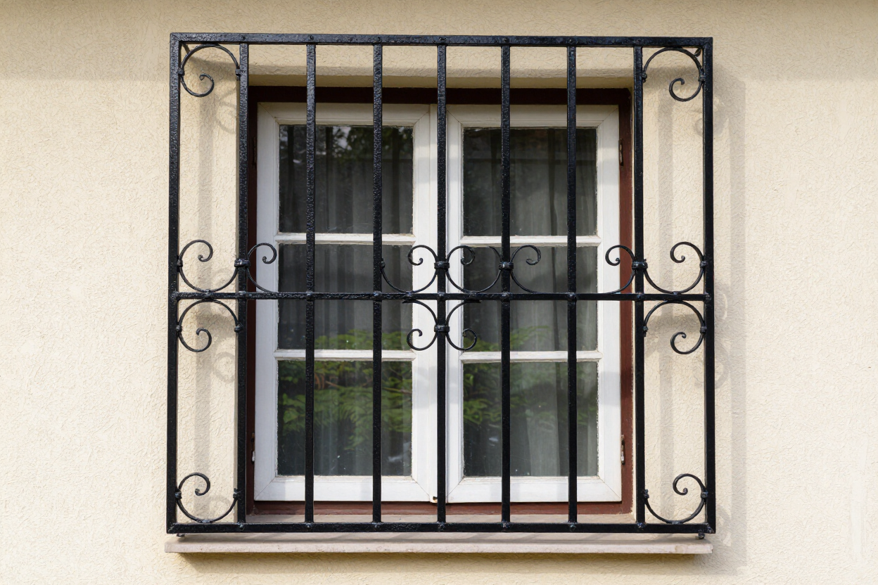 White window with black wrought-iron security bars on a beige wall