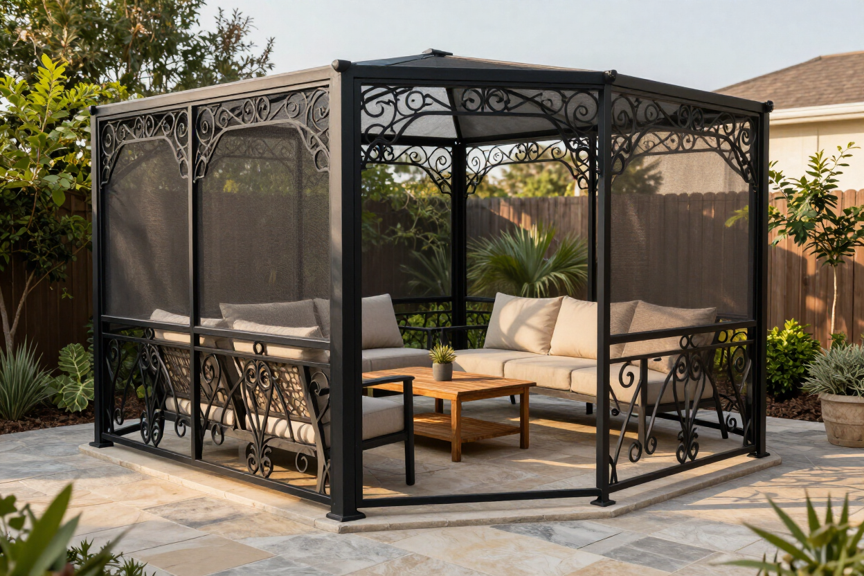 Black metal gazebo with beige seating and coffee tables in a landscaped backyard