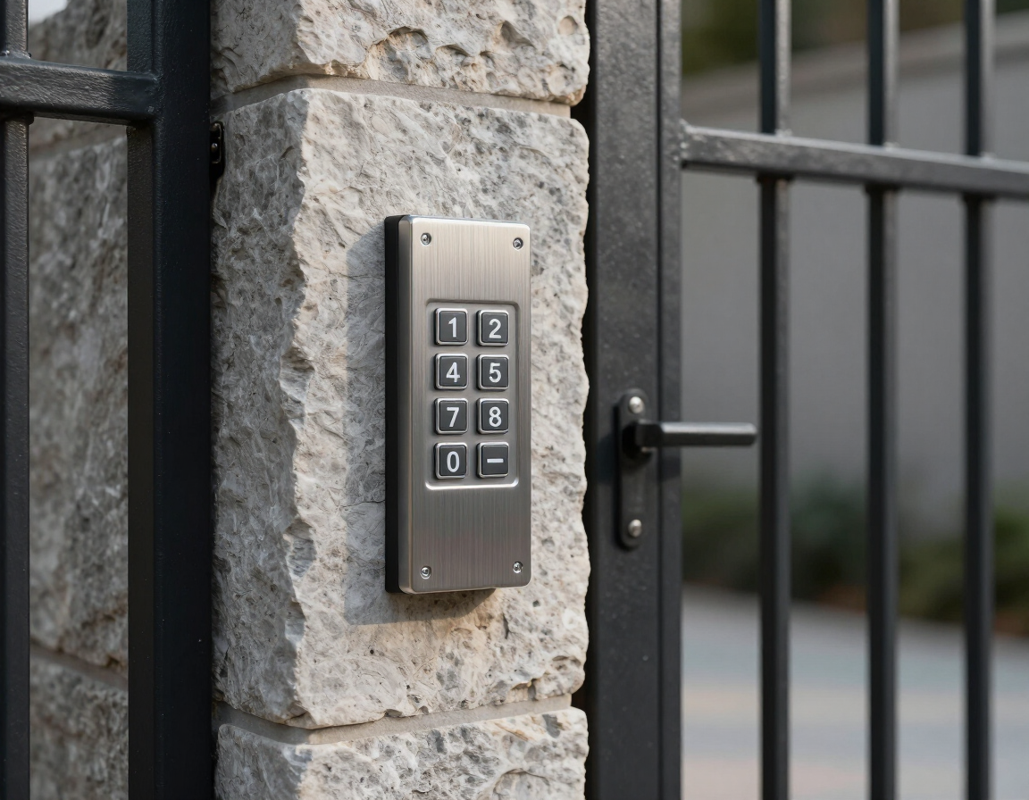 Keypad intercom on a stone pillar beside a black metal gate