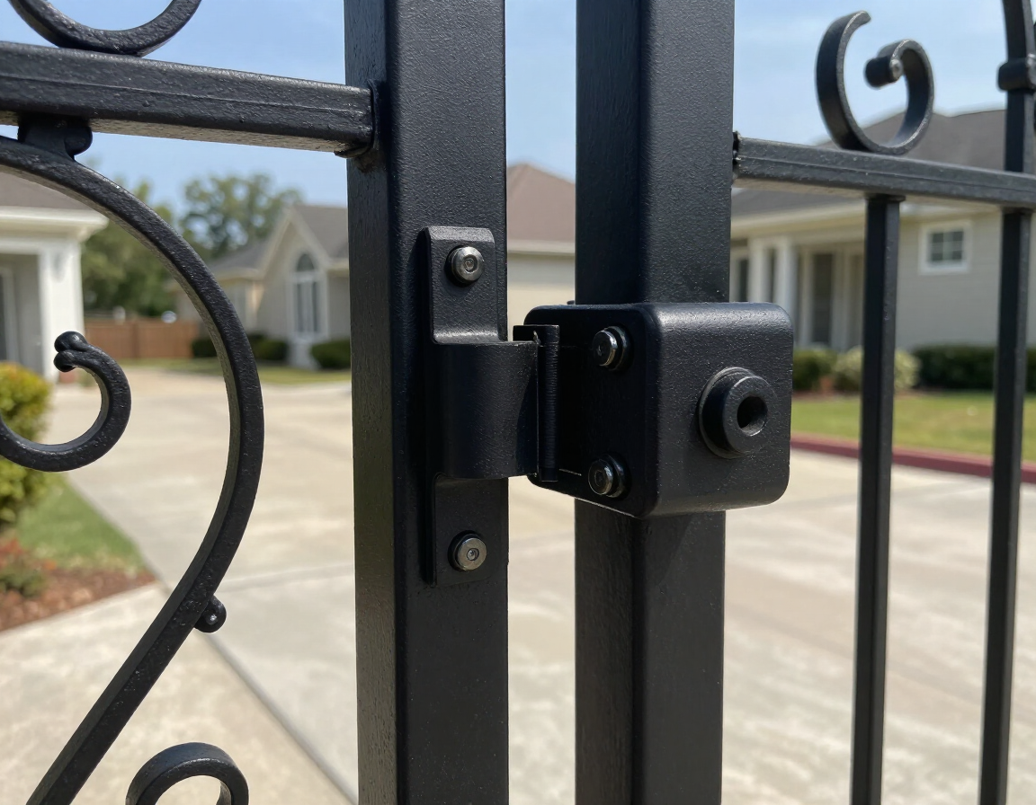 Black metal gate latch on a wrought-iron fence at a suburban driveway entrance