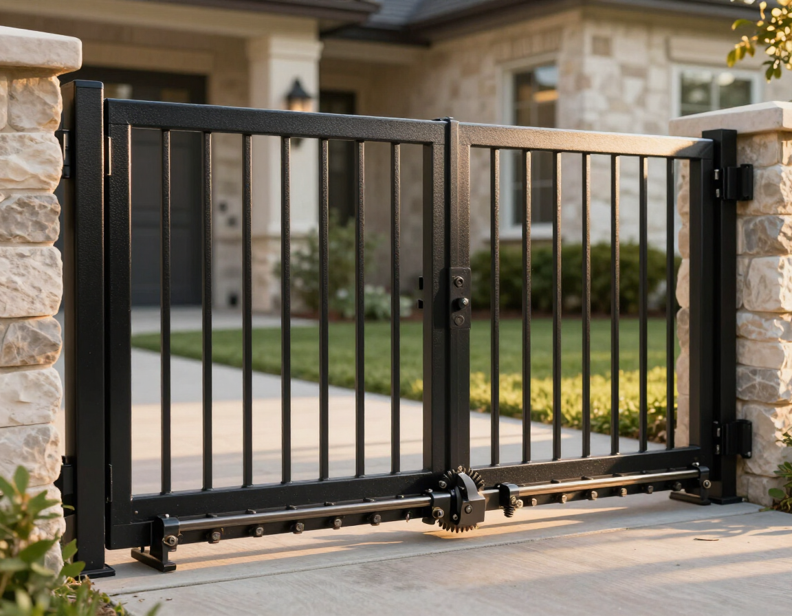 Black metal driveway gate with vertical bars between stone pillars outside a house