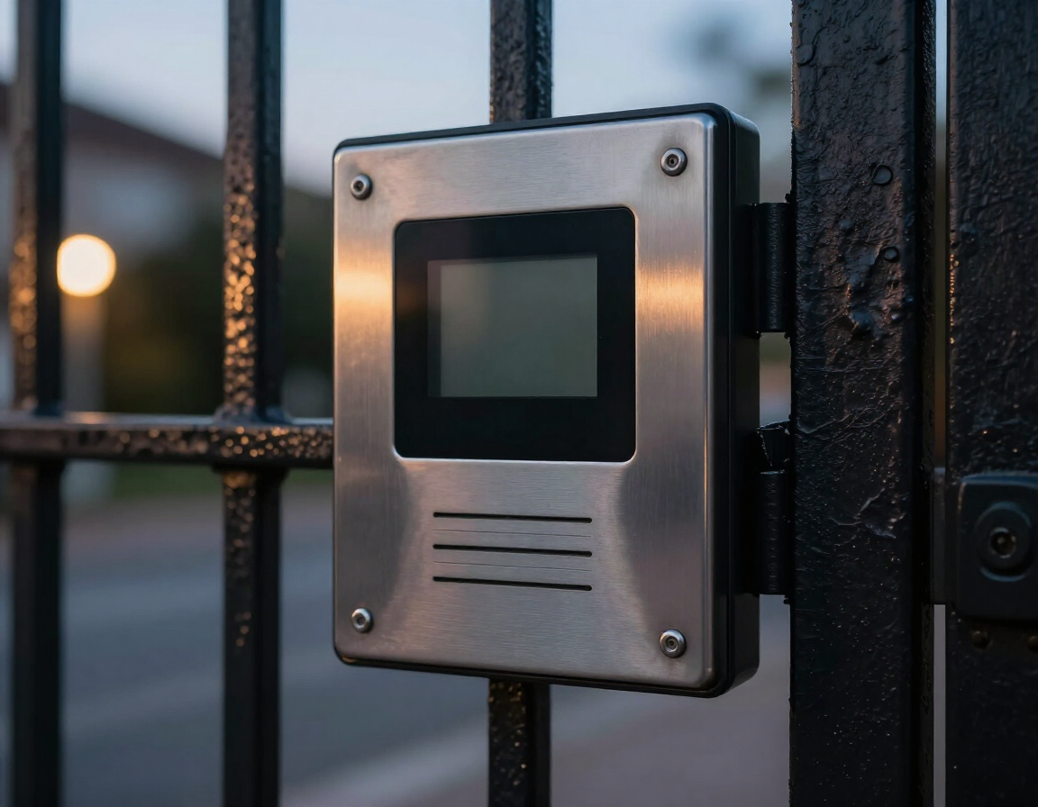Metal intercom panel with screen mounted on a black gate at dusk